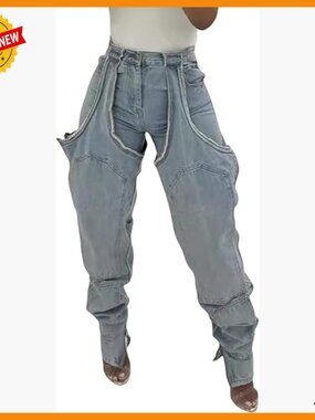 High Waisted Wide Leg Boyfriend Jeans Patchwork Ripped Streetwear Y2K